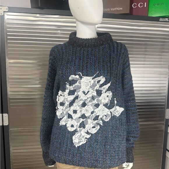 Loewe Wool Alpaca Anagram Dark Blue White Cowl Neck Sweater 56 Men’s Extra Large - Picture 2 of 11